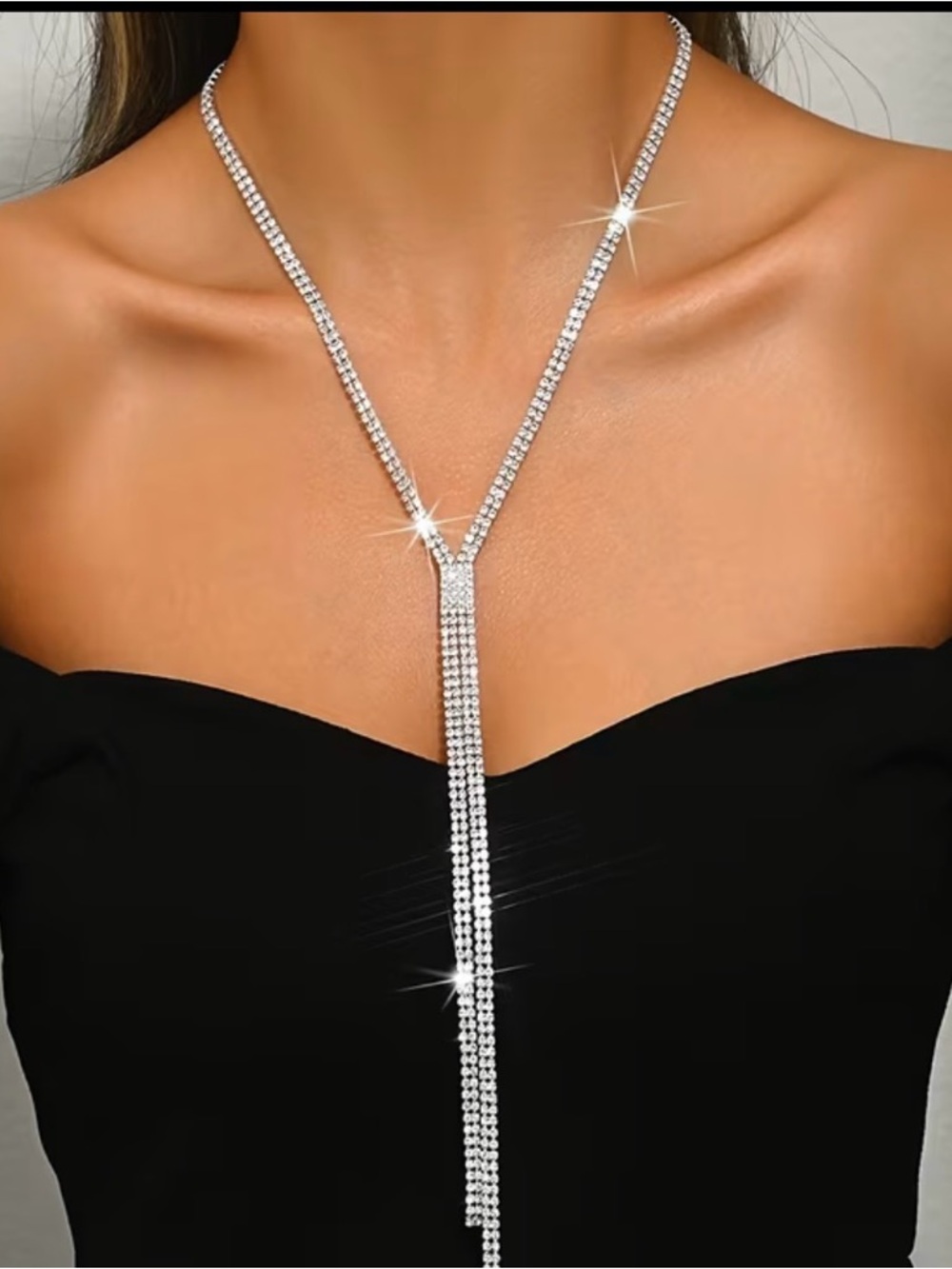 Silver Rhinestone Y Necklace Long Drop Necklace Elegant Sparkly Statement